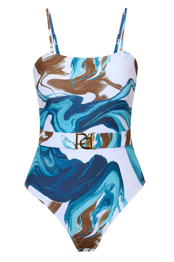 Blue Print Spaghetti Straps One Piece Swimsuit with Cover Up